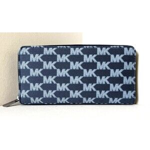 New Michael Kors Jet Set Cooper Tech Zip-Around Logo Wallet Navy Multi